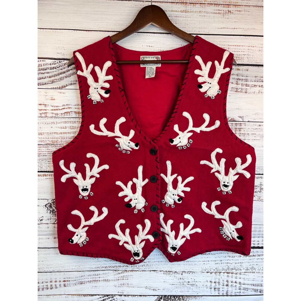 Holiday Christmas Reindeer Vest XL Applique Whimsical Red Wool V-Neck Button